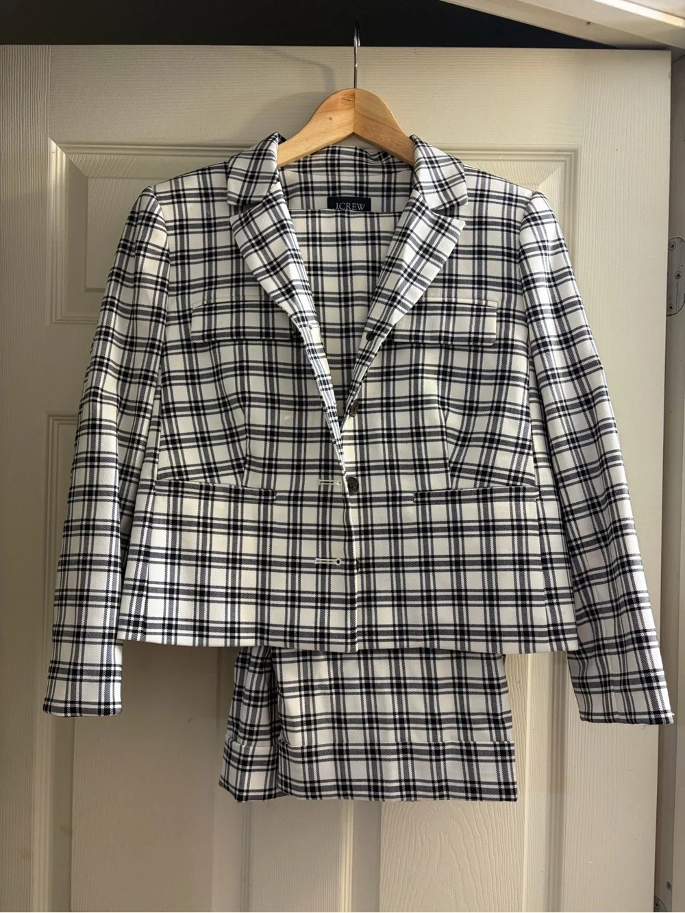 J. Crew Cream and Black Plaid Tailored Blazer